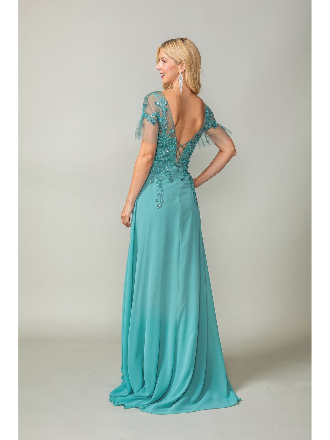 Flutter Sleeve Gown with Embroidered Applique and V-Neckline Prom Dress DQ4378
