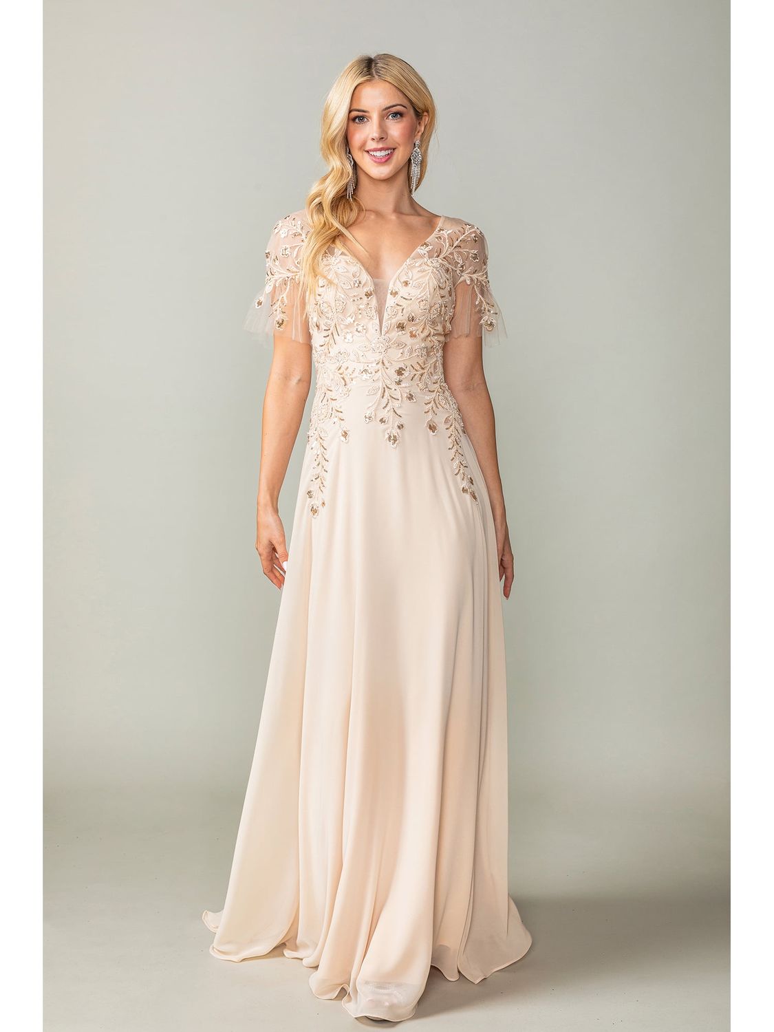 Flutter Sleeve Gown with Embroidered Applique and V-Neckline Prom Dress DQ4378