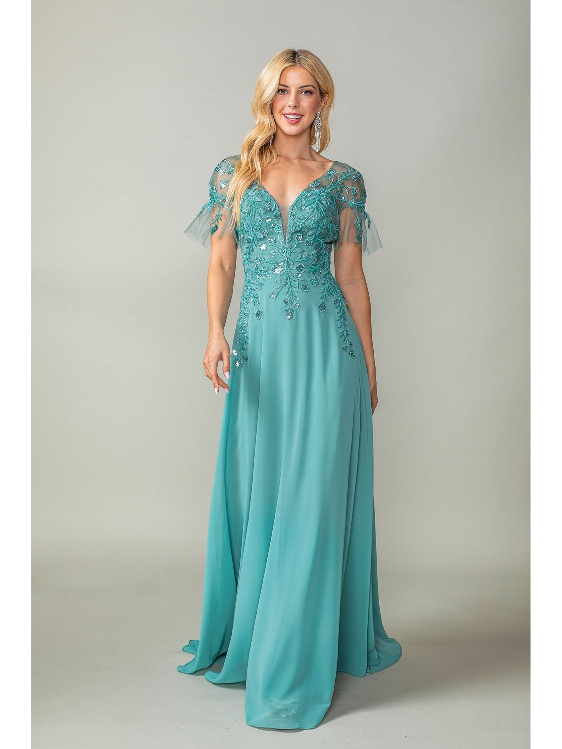 Flutter Sleeve Gown with Embroidered Applique and V-Neckline Prom Dress DQ4378