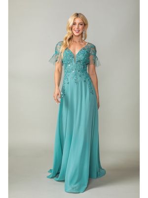 Flutter Sleeve Gown with Embroidered Applique and V-Neckline Prom Dress DQ4378