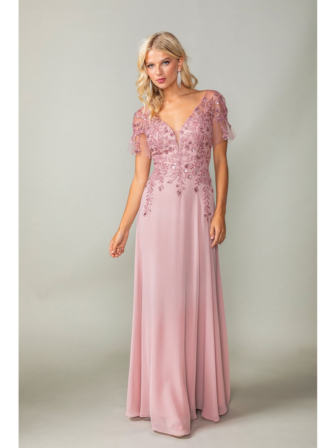 Flutter Sleeve Gown with Embroidered Applique and V-Neckline Prom Dress DQ4378