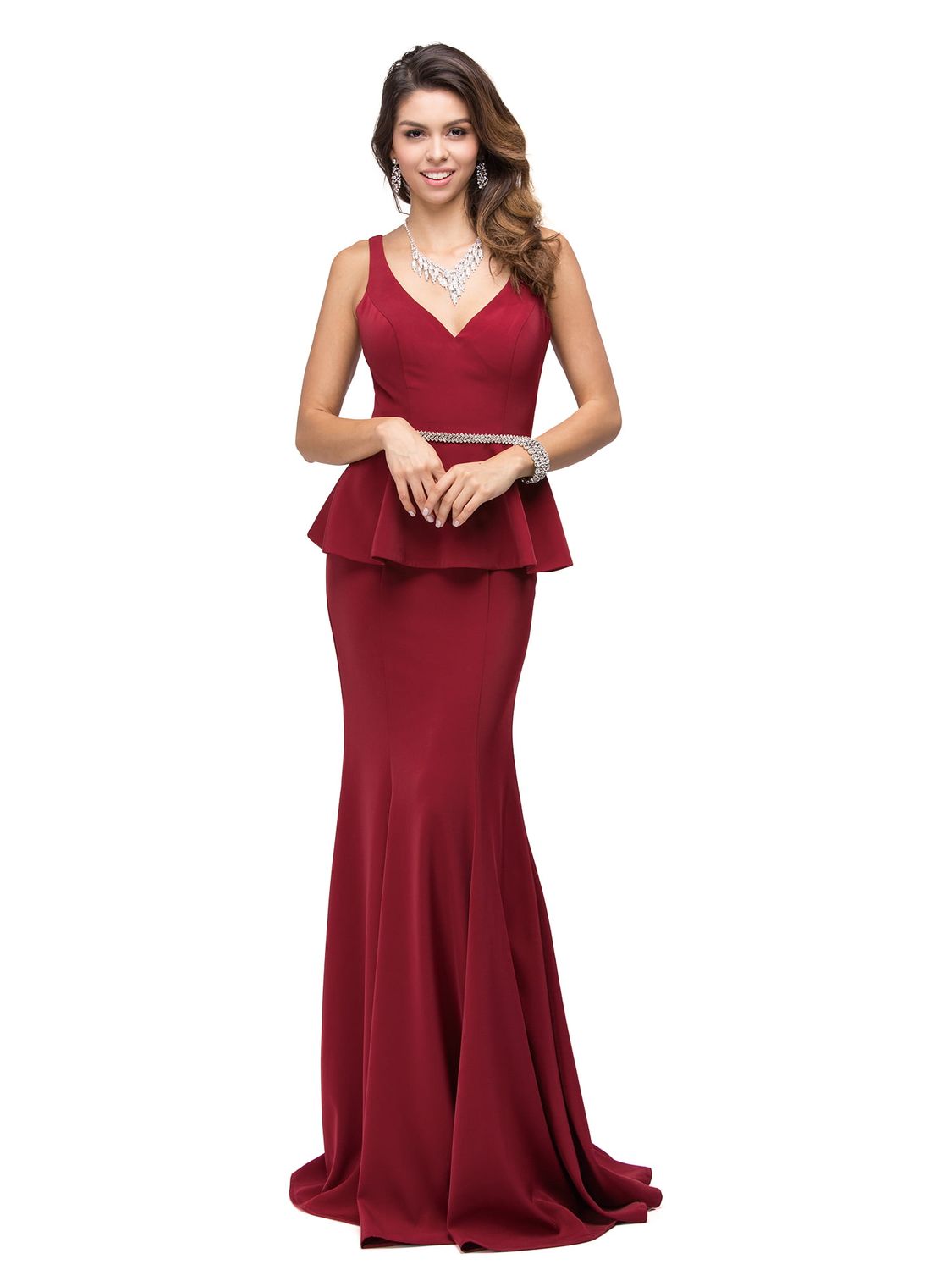 Sleeveless Peplum Gown with V-Neckline, Crystal Embellished Waist and Flowing Mermaid Skirt Prom Dress DQ9750