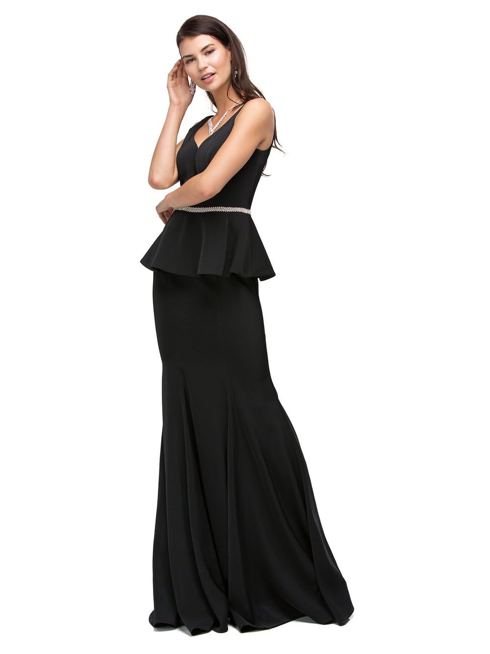 Sleeveless Peplum Gown with V-Neckline, Crystal Embellished Waist and Flowing Mermaid Skirt Prom Dress DQ9750