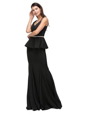Sleeveless Peplum Gown with V-Neckline, Crystal Embellished Waist and Flowing Mermaid Skirt Prom Dress DQ9750 Sleeveless Peplum Gown with V-Neckline, Crystal Embellished Waist and Flowing Mermaid Skirt Prom Dress DQ9750