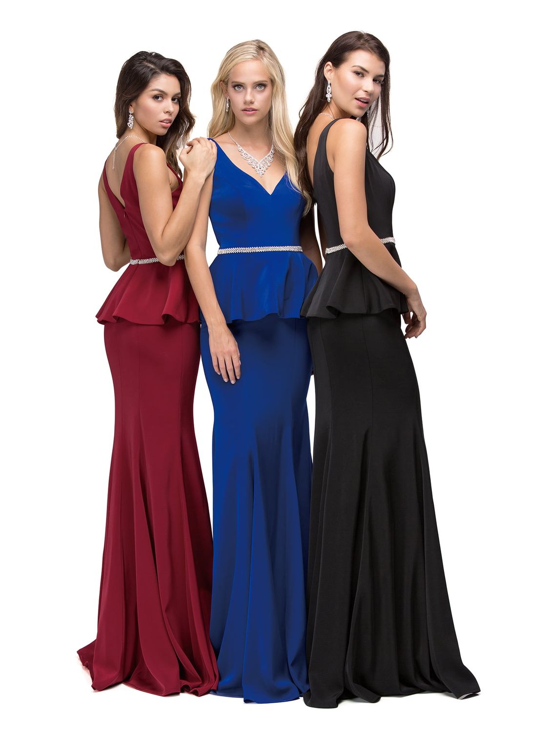 Sleeveless Peplum Gown with V-Neckline, Crystal Embellished Waist and Flowing Mermaid Skirt Prom Dress DQ9750