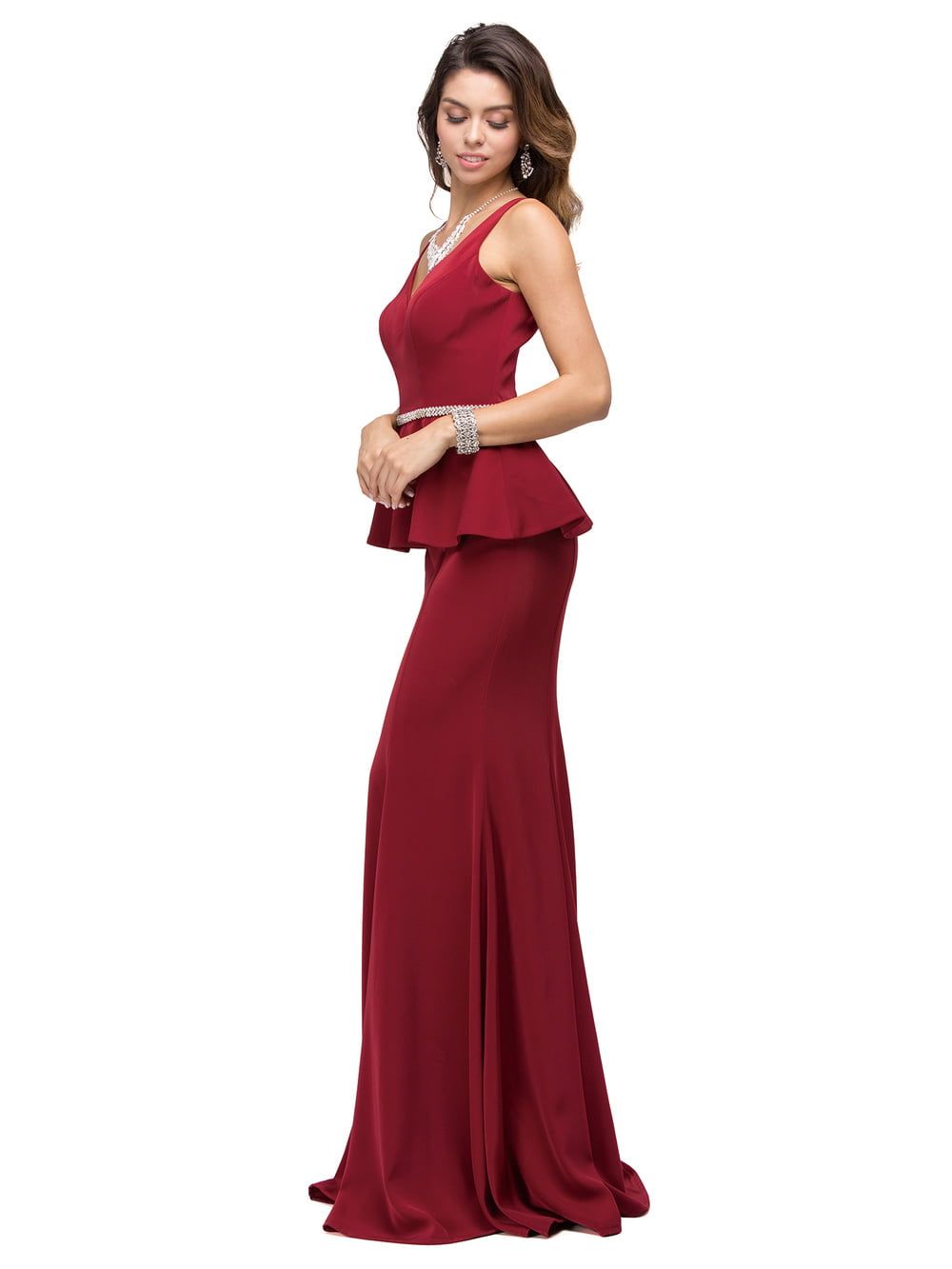 Sleeveless Peplum Gown with V-Neckline, Crystal Embellished Waist and Flowing Mermaid Skirt Prom Dress DQ9750