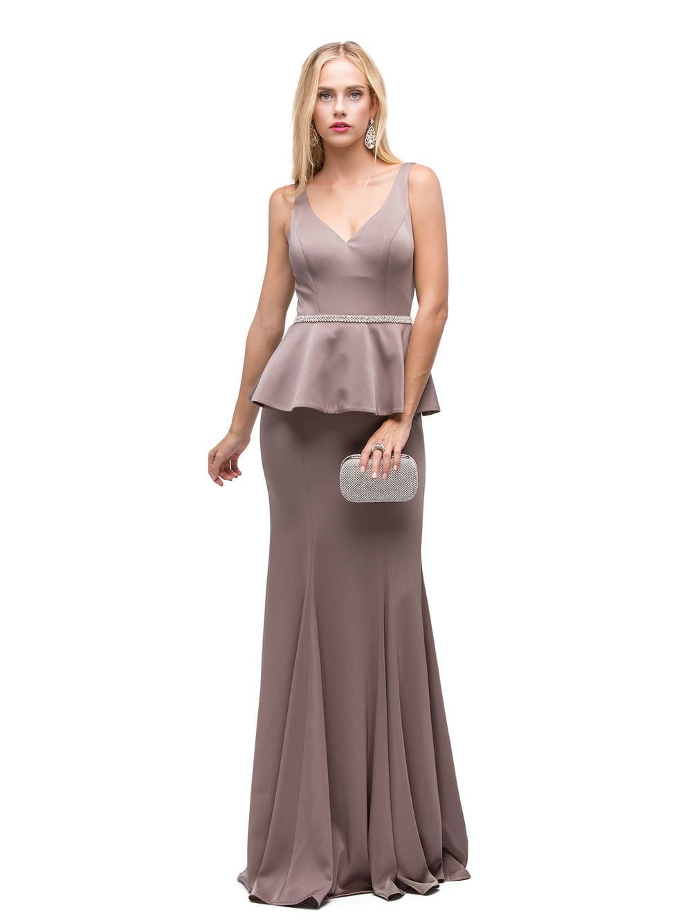 Sleeveless Peplum Gown with V-Neckline, Crystal Embellished Waist and Flowing Mermaid Skirt Prom Dress DQ9750