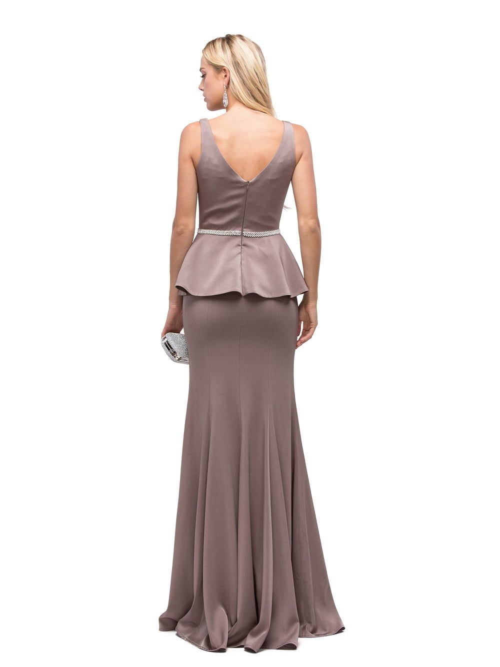 Sleeveless Peplum Gown with V-Neckline, Crystal Embellished Waist and Flowing Mermaid Skirt Prom Dress DQ9750