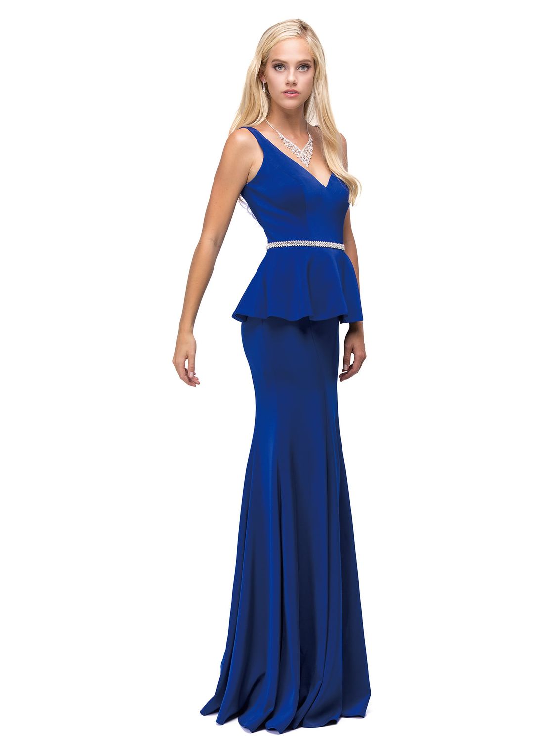 Sleeveless Peplum Gown with V-Neckline, Crystal Embellished Waist and Flowing Mermaid Skirt Prom Dress DQ9750