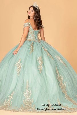 Gold Embroidered Mesh Quinceanera Dress color Sage Gold Embroidered Mesh Quinceanera Dress color Sage