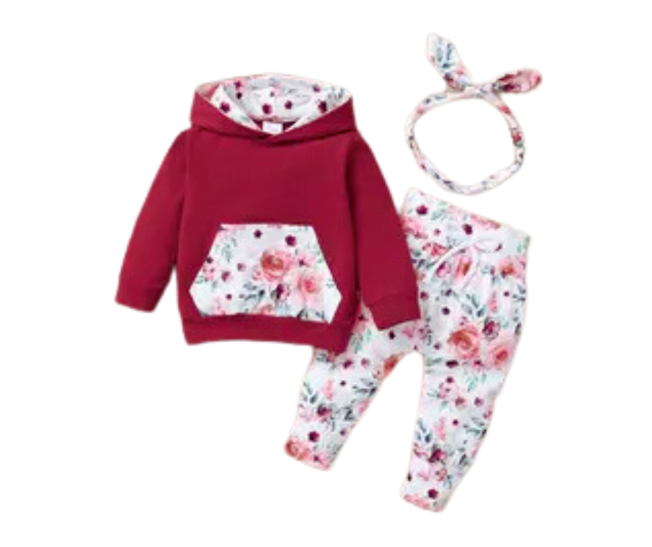 Red Hoodie with Matching Floral Pants &amp; Headband