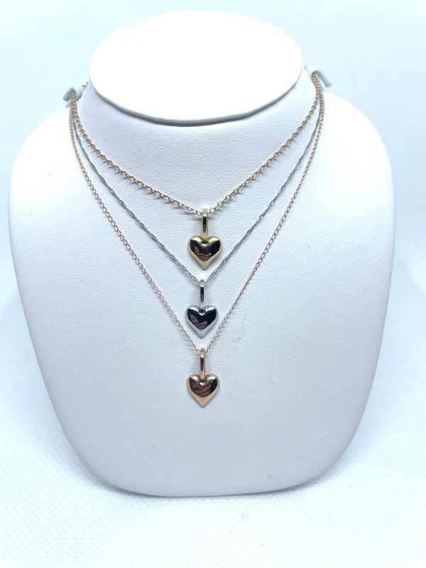 14k WG YG RG Puff Heart Necklace