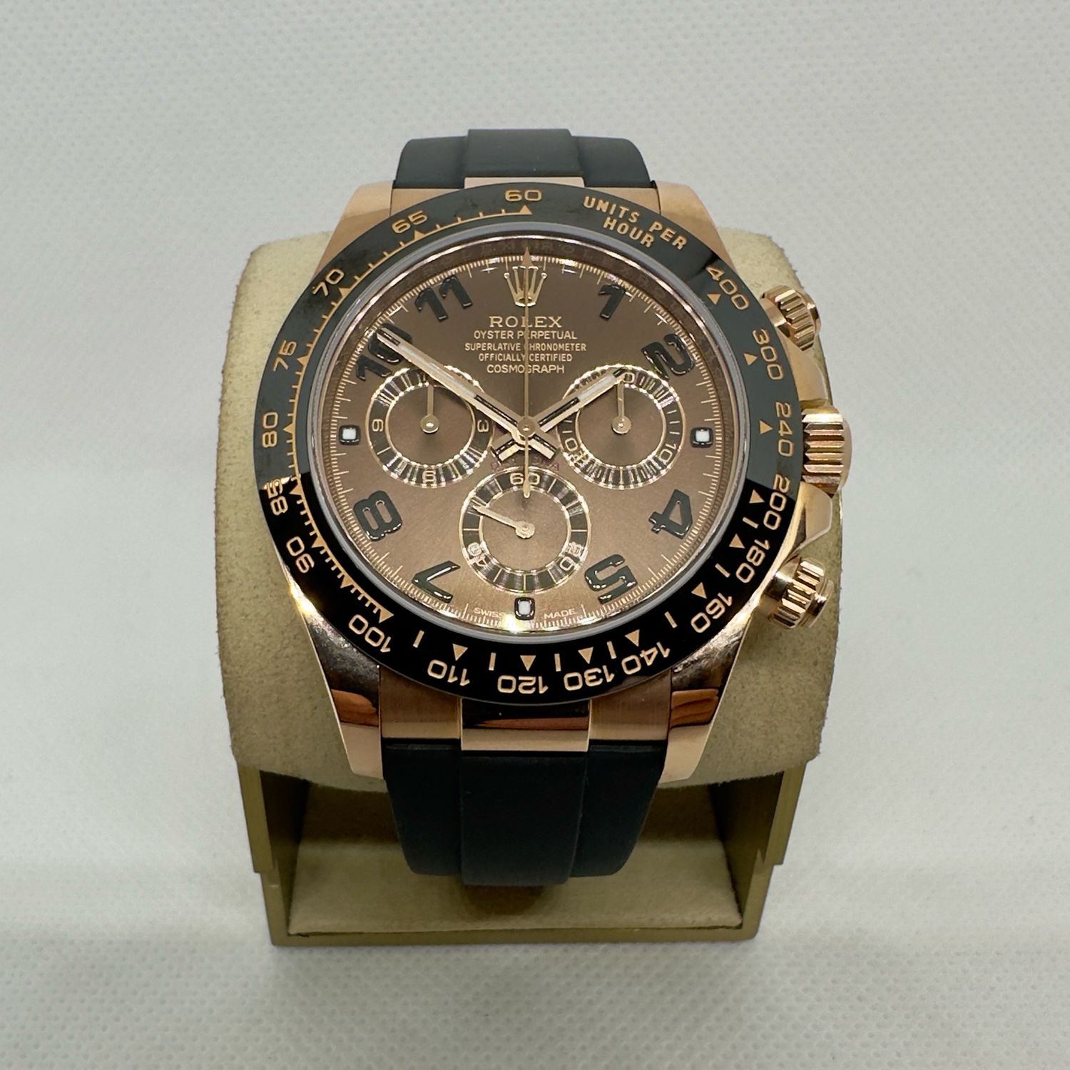 2018 Rolex Daytona RG on Oysterflex with a Chocolate Arabic Numeral Dial, comes Complete With Box