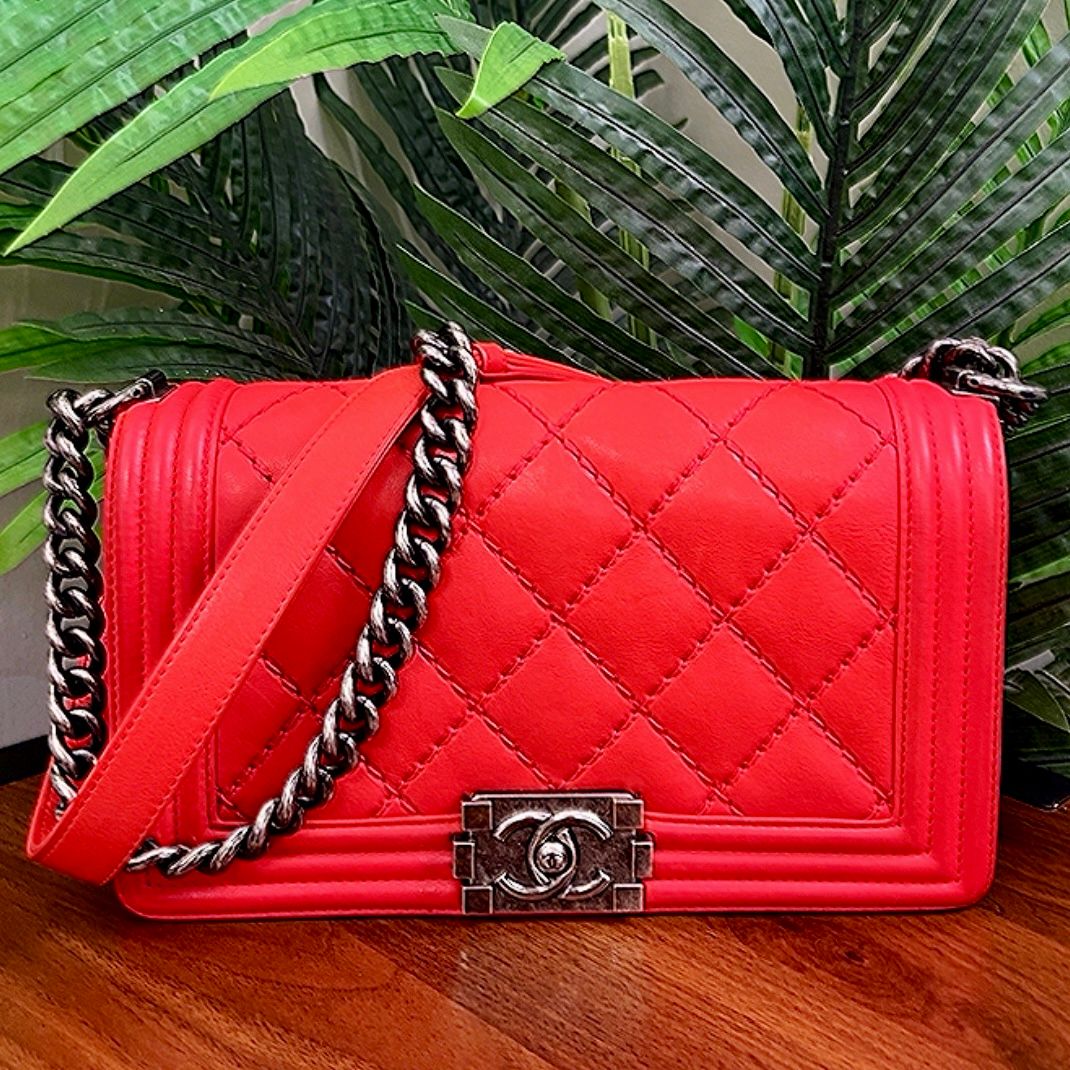 Authentic Chanel Red Quilted Perforated Leather Medium Boy Bag (LIKE NEW)