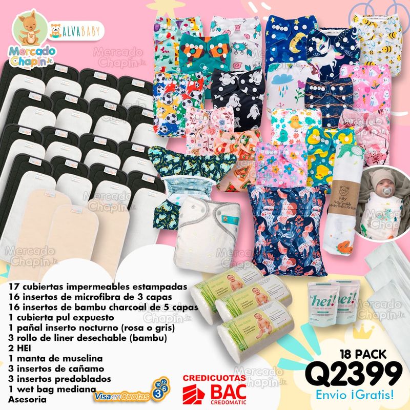 Combo de 18 pañales ecológicos +wet bag mediana