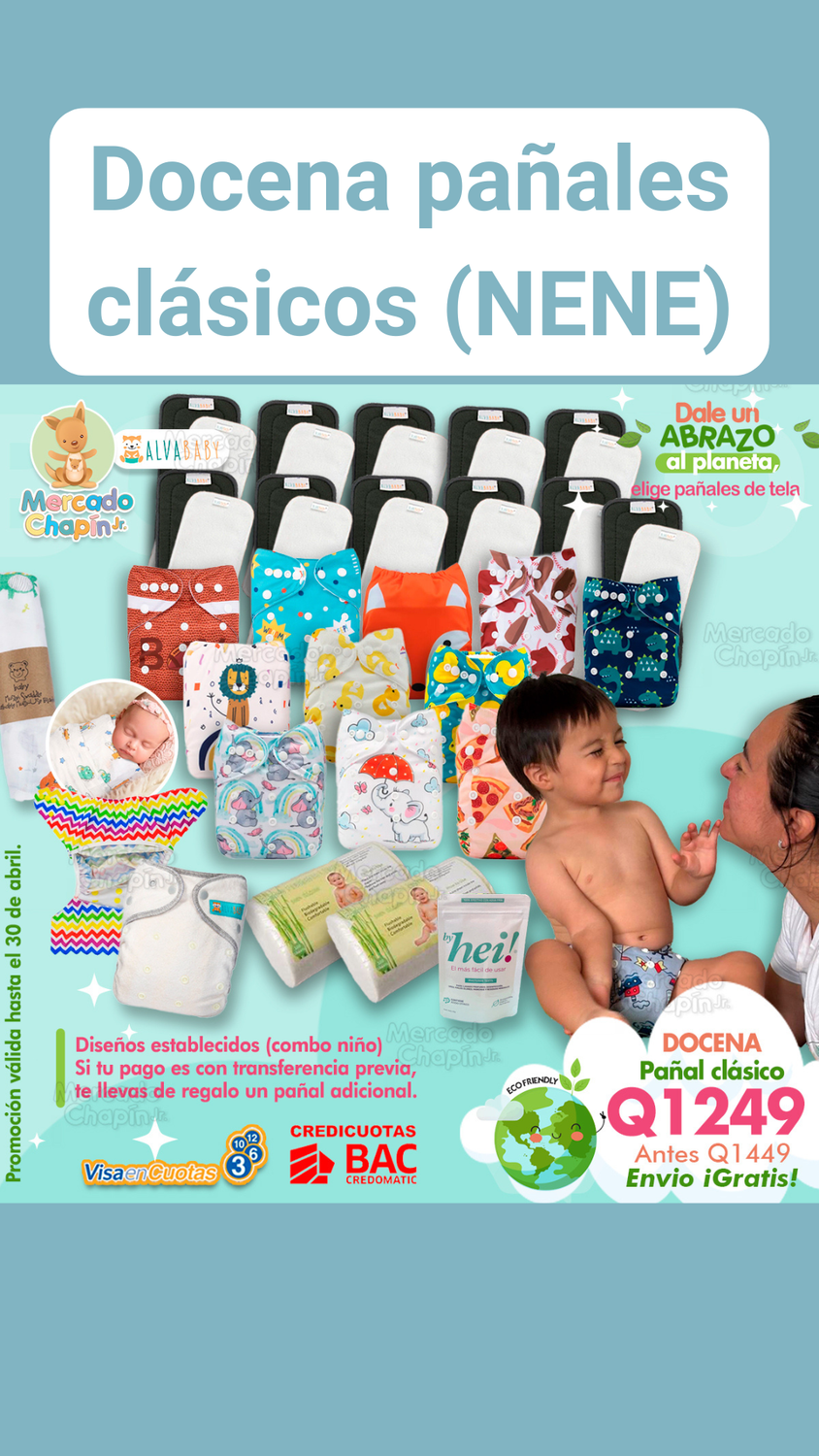 Combo Docena pañales ecológicos clásicos UNITALLA (Nene)