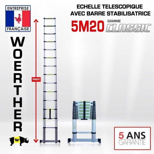 Echelle télescopique 5m20 avec barre stabilisatrice classic WOERTHER