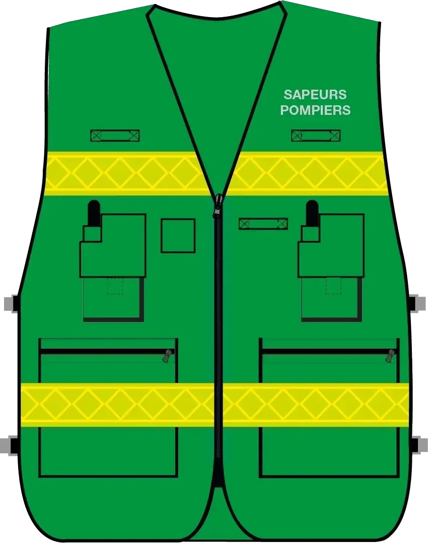 Gilet d'intervention / d'identification sapeurs-pompiers  multipoches vert bandes microprismes jaune CODUPAL