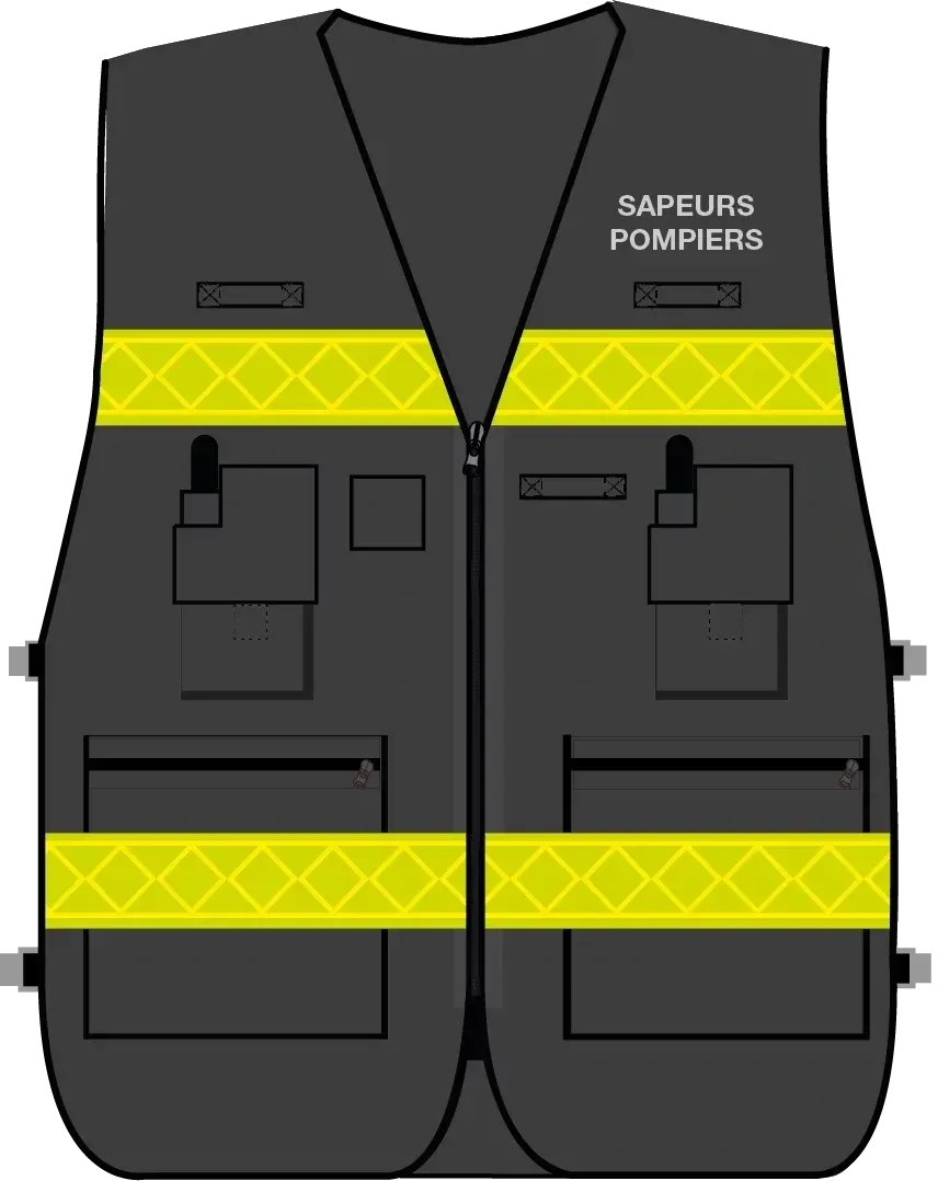 Gilet d'intervention / d'identification sapeurs-pompiers  multipoches noir bandes microprismes jaune CODUPAL