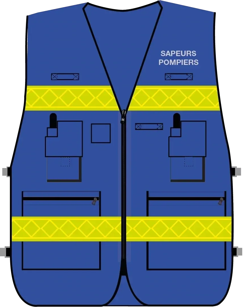 Gilet d'intervention / d'identification sapeurs-pompiers  multipoches bleu bandes microprismes jaune CODUPAL