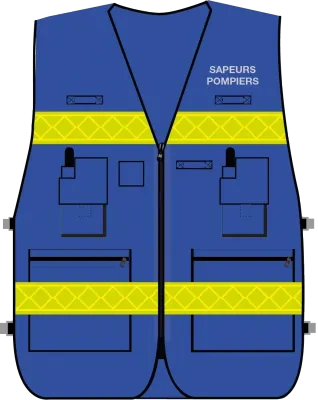 Gilet d'intervention / d'identification sapeurs-pompiers  multipoches bleu bandes microprismes jaune CODUPAL