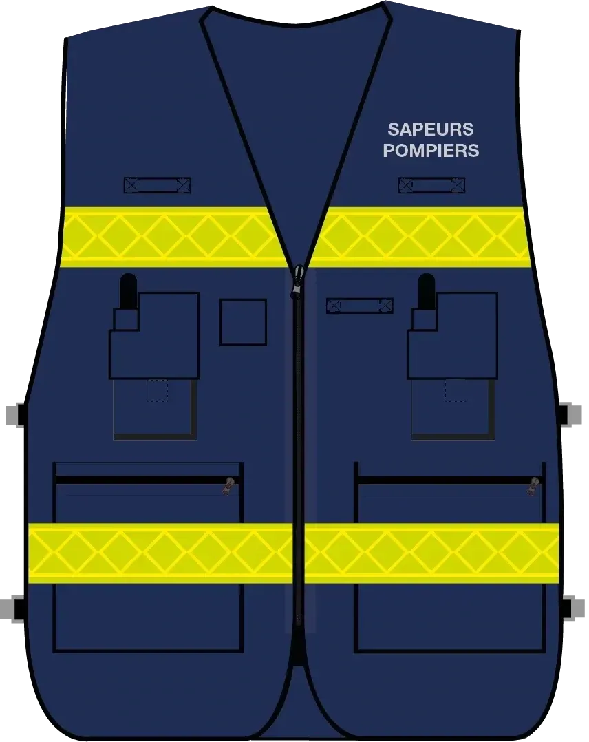 Gilet d'intervention / d'identification sapeurs-pompiers  multipoches bleu marine bandes microprismes jaune CODUPAL