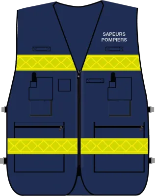 Gilet d'intervention / d'identification sapeurs-pompiers  multipoches bleu marine bandes microprismes jaune CODUPAL