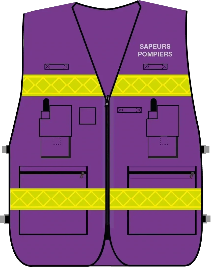 Gilet d'intervention / d'identification sapeurs-pompiers  multipoches violet bandes microprismes jaune CODUPAL