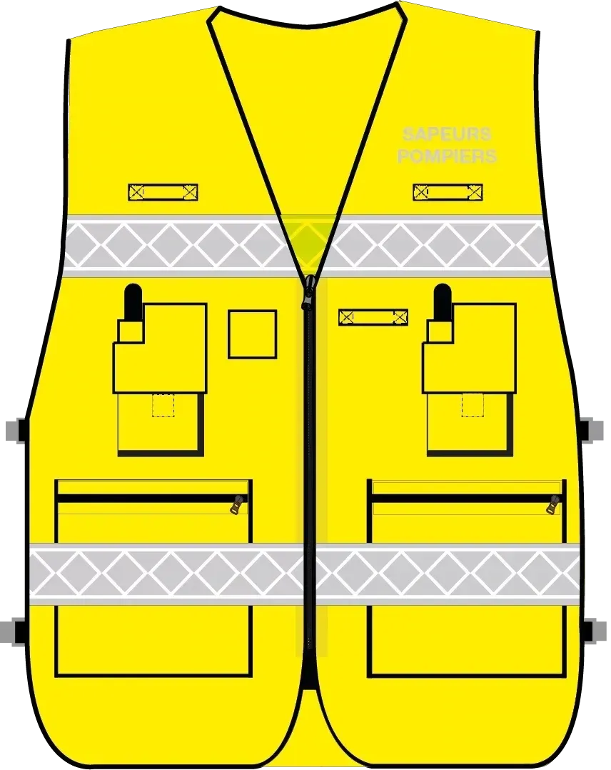 Gilet d'intervention sapeurs-pompiers haute visibilité multipoches jaune fluo bandes microprismes grise CODUPAL