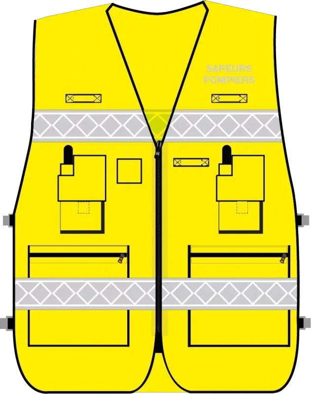 Gilet d'intervention sapeurs-pompiers haute visibilité multipoches jaune fluo bandes microprismes grise CODUPAL