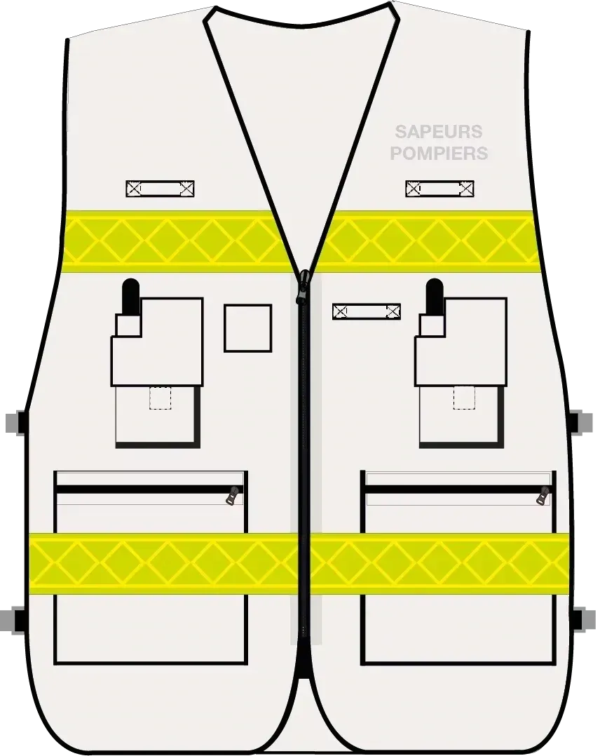 Gilet d'intervention / d'identification sapeurs-pompiers  multipoches blanc bandes microprismes jaune CODUPAL
