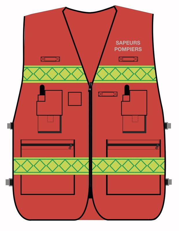 Gilet d'intervention sapeurs-pompiers haute visibilité multipoches rouge bandes microprismes jaune CODUPAL