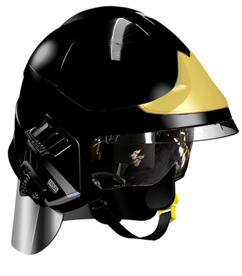 Casque F1XF noir, écran facial doré, écran oculaire transparent, intérieur cuir, bavolet aluminisé, support de lampe droit, housse de transport, plaque attribut or sapeurs-pompiers MSA Casque F1XF noir, écran facial doré, écran oculaire transparent, intérieur cuir, bavolet aluminisé, support de lampe droit, housse de transport, plaque attribut or sapeurs-pompiers MSA