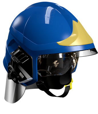 Casque F1XF bleu, écran facial doré, écran oculaire transparent, intérieur cuir, bavolet aluminisé, support de lampe droit, housse de transport, plaque attribut or sapeurs-pompiers MSA Casque F1XF bleu, écran facial doré, écran oculaire transparent, intérieur cuir, bavolet aluminisé, support de lampe droit, housse de transport, plaque attribut or sapeurs-pompiers MSA