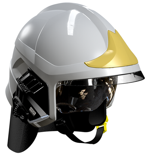 Casque F1XF gris, écran facial doré, écran oculaire transparent, intérieur cuir, bavolet aramide, support de lampe droit, housse de transport, plaque attribut or sapeurs-pompiers MSA