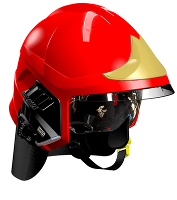 Casque F1XF rouge, écran facial doré, écran oculaire transparent, intérieur cuir, bavolet aramide, support de lampe droit, housse de transport, plaque attribut or sapeurs-pompiers MSA Casque F1XF rouge, écran facial doré, écran oculaire transparent, intérieur cuir, bavolet aramide, support de lampe droit, housse de transport, plaque attribut or sapeurs-pompiers MSA