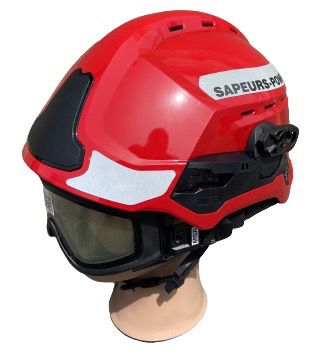 Casque sapeurs-pompiers F2XR rouge MSA - Avec masque responder, signalisation grise SP et support de lampe