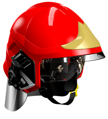Casque F1XF rouge, écran facial doré, écran oculaire transparent, intérieur cuir, bavolet aluminisé, support de lampe droit, housse de transport, plaque attribut or sapeurs-pompiers MSA Casque F1XF rouge, écran facial doré, écran oculaire transparent, intérieur cuir, bavolet aluminisé, support de lampe droit, housse de transport, plaque attribut or sapeurs-pompiers MSA