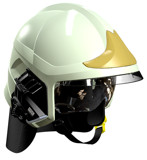 Casque F1XF photoluminescent, écran facial doré, écran oculaire transparent, intérieur cuir, bavolet aramide, support de lampe droit, housse de transport, plaque attribut or sapeurs-pompiers MSA