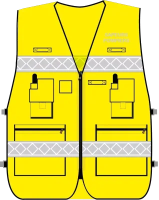 Gilet d'intervention sapeurs-pompiers haute visibilité multipoches jaune fluo bandes microprismes grise CODUPAL Gilet d'intervention sapeurs-pompiers haute visibilité multipoches jaune fluo bandes microprismes grise CODUPAL