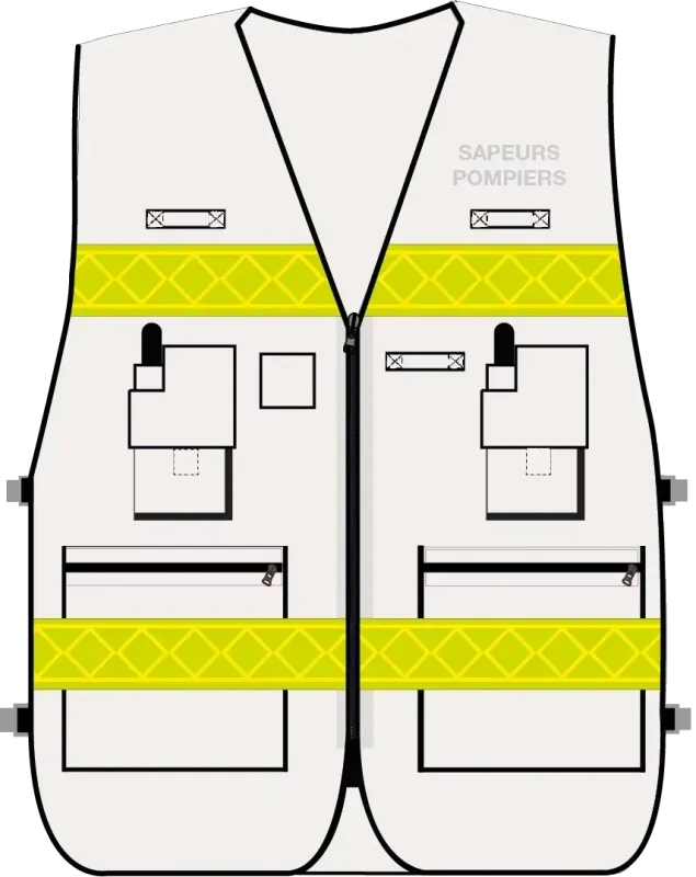 Gilet d'intervention / d'identification sapeurs-pompiers  multipoches blanc bandes microprismes jaune CODUPAL