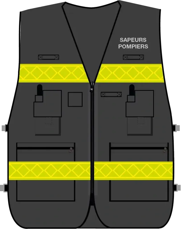 Gilet d'intervention / d'identification sapeurs-pompiers  multipoches noir bandes microprismes jaune CODUPAL
