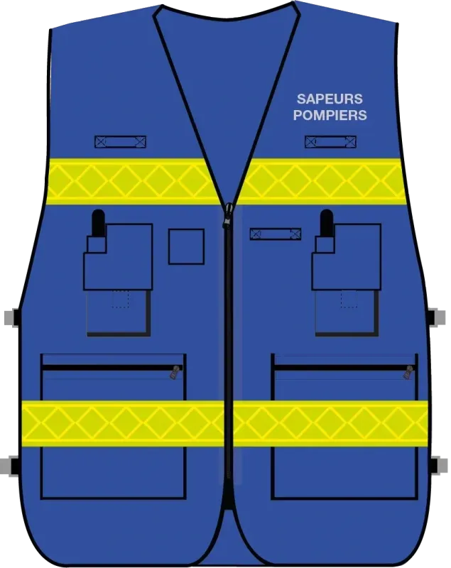 Gilet d'intervention / d'identification sapeurs-pompiers  multipoches bleu bandes microprismes jaune CODUPAL