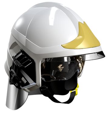 Casque F1XF blanc, écran facial doré, écran oculaire transparent, intérieur cuir, bavolet aluminisé, support de lampe droit, housse de transport, plaque attribut or sapeurs-pompiers MSA