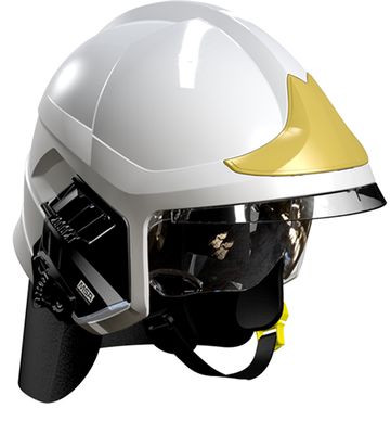 Casque F1XF blanc, écran facial doré, écran oculaire transparent, intérieur cuir, bavolet aramide, support de lampe droit, housse de transport, plaque attribut or sapeurs-pompiers MSA Casque F1XF blanc, écran facial doré, écran oculaire transparent, intérieur cuir, bavolet aramide, support de lampe droit, housse de transport, plaque attribut or sapeurs-pompiers MSA