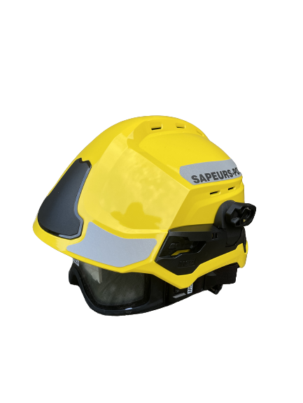 Casque sapeurs-pompiers F2XR jaune MSA - Avec masque responder, signalisation grise SP et support de lampe