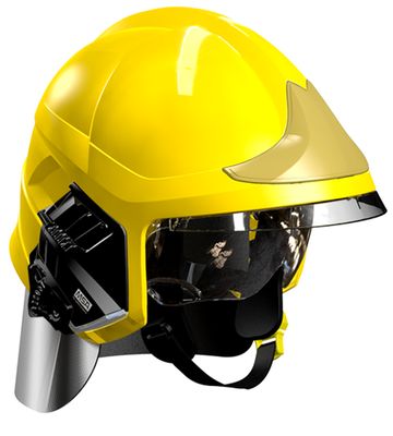 Casque F1XF jaune, écran facial doré, écran oculaire transparent, intérieur cuir, bavolet aluminisé, support de lampe droit, housse de transport, plaque attribut or sapeurs-pompiers MSA Casque F1XF jaune, écran facial doré, écran oculaire transparent, intérieur cuir, bavolet aluminisé, support de lampe droit, housse de transport, plaque attribut or sapeurs-pompiers MSA