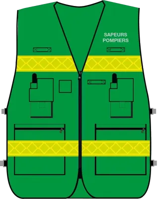 Gilet d'intervention / d'identification sapeurs-pompiers  multipoches vert bandes microprismes jaune CODUPAL