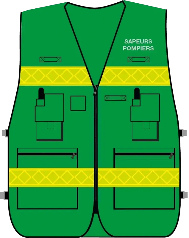 Gilet d'intervention / d'identification sapeurs-pompiers  multipoches vert bandes microprismes jaune CODUPAL