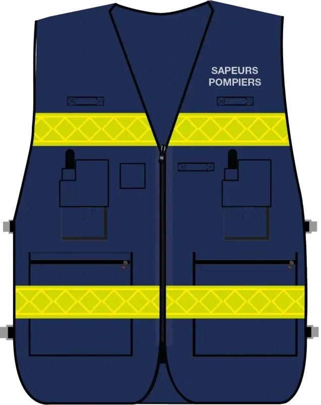 Gilet d'intervention / d'identification sapeurs-pompiers  multipoches bleu marine bandes microprismes jaune CODUPAL